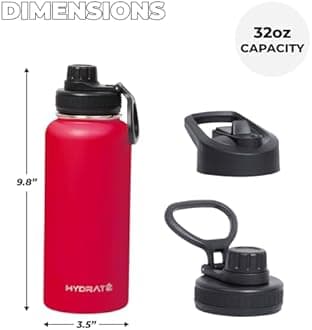 Hydrate 32 oz Water Bottles Insulated for Hot and Cold Drinks - Leakproof, Flip Cap Metal Tumbler with Handle - BPA-free Double-Wall - Portable for Gym, Office, Travel - Chilli Pepper