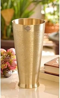 INDIAN ART VILLA Set of 2 Brass Lassi Glass with Embossed Design, Drinkware & Serveware for Lassi, Milk, and Water, Height-8" Inches, Volume-1050 ml