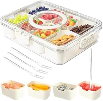 Divided Serving Tray with Lid and Handle,Snackle box Charcuterie Container for Portable Snack Platters,8 Compartments & 4 Forks Clear Storage Organizer for Fruit,Candy,Nuts & Veggie,for Party,Picnic