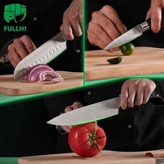 FULLHI 15pcs Japanese Knife Set with Magnetic Knife Block Holder, Japan Stainless Steel Blades, Black Resin Ergonomic Handles for Professional and Home Cooking