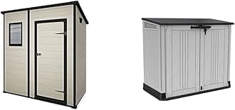 Keter Manor Outdoor Pent Single Door Garden Storage Shed 6 x 4ft Beige Brown Wood Effect Fade Free All Weather & Store It Out Nova Outdoor Garden Furniture Storage Shed Light Grey with Dark Grey Lid
