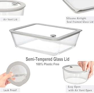 Glass Food Containers with Glass Lid, Microwave Safe Food Storage Container, Large 4 Pack Round Shape, Food Containers with Lids, Meal Prep containers with Leak Proof Lid.