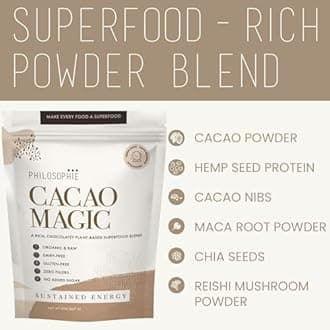 Philosophie Organic Cacao Magic Superfood Blend – Plant-Based Protein Powder with Raw Cacao, Reishi Mushroom & Maca Root – Unsweetened Vegan Chocolate Supplement, 32 Servings