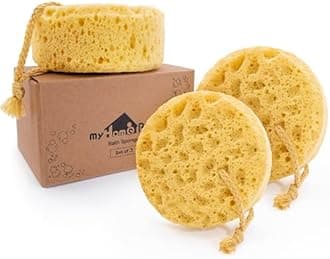 myHomeBody Bath Sponge, Foam Loofah, Body Scrubber for Bathing, Exfoliating Shower Pouf for Shower - Large Size, Lots of Lather, Round, 3 Pack
