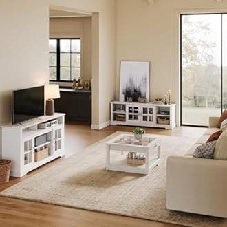 LINSY HOME Coffee Table, 31.5" Square Coffee Table with Glass Tabletop, Open Display Area and Storage Drawer, Modern Farmhouse Center Table for Living Room, White