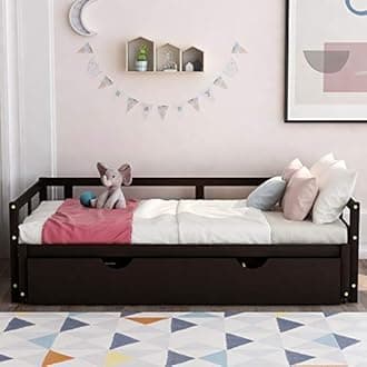 Merax Wooden Daybed Extendable Bed with Trundle, Sofa Bed for Bedroom Living Room, Can be Expanded from Twin Size to King Size (Espresso)