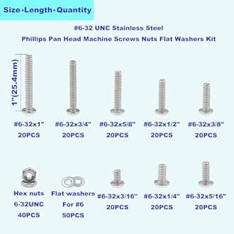 #6-32 UNC Stainless Steel Phillips Pan Head Machine Screws Nuts Flat Washers Assortment Kit