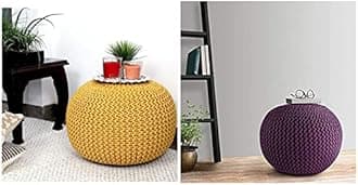 Bezzilish Home Pouf for Living Room Sitting Round Ottoman Bean Filled Stool for Foot Rest Home Furniture Rope Twisted Yellow and Purple Bean Bag - (Pack of 2)