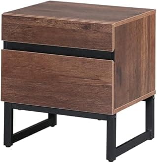 WAMPAT Nightstand with 2 Drawers for Bedroom, Modern Bedside Table with Black Square Iron Leg, Wood Rustic Side End Table for Living Room,Brwon
