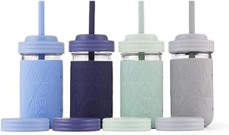 Elk and Friends Kids + Toddler Glass Cups | The Original 12oz Glass Mason Jar with Sleeves + Lids | Silicone Straws + Stopper | Smoothie Cup | Food Storage | Spill Resistant | Dishwasher Safe | 4 Pack