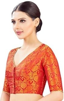 Studio Shringaar Women's Silky Brocade V-Neck Readymade Saree Blouse