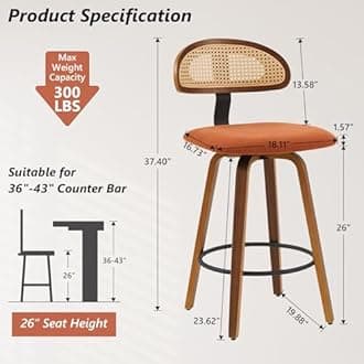 Swivel Counter Height Bar Stools Set of 3, 26" Upholstered Seat Barstools with Rattan Back, Bentwood Frame Mid Century Modern Bar Chairs for Kitchen Island, Dining Room or Bar (Brown)