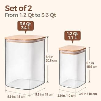 ComSaf Glass Food Storage Containers, 3.6Qt/1.2Qt Glass Flour and Sugar Containers with Airtight Lids, Large Square Jars with Bamboo Lids for Rice, Pasta, Oats, Grains, Cookies, Snacks, Candy