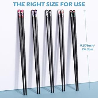 GLAMFIELDS 5 Pairs Premium Chopsticks Reusable Dishwasher Safe 9.5 Inch Fiberglass Chop Sticks Gift Set Hexagon Black Non Slip with the Printed Tops