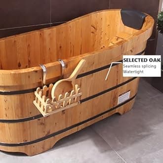 Mobile Free Standing Wooden Bathtub with Bath Tray, Solid Wood Bathtub Lit, Spa Deep Soaker with Tub Chair, Classic Japanese Body Soaking Barrel with Lid/Pop-Up Drain,110cm/43.31"