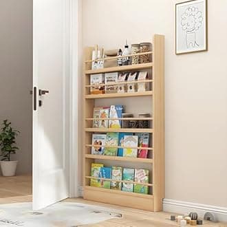 IEHFDCA Wooden 3/4/5/6 Tier Behind The Door Bookshelf, Tall Narrow Floor Standing Bookcase, Space-Saving Storage Organizer for Books, Bedroom, Living Room, Office Wood Color 39.4x3.9x57.1