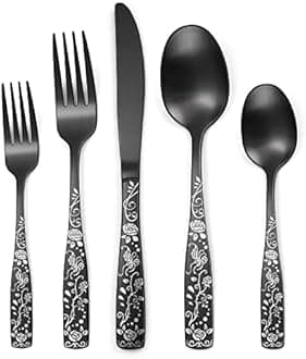 Matte Black Rose Flower Pattern Silverware Set for 8,OIULO 40-Piece Flatware set,18/0 Stain Finish Stainless Steel Decorative,Vintage Cutlery 8,Design Handle,Daily Party Event Serving Dishwasher Safe