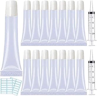 AMORIX 50pcs Lip Gloss Tubes - 15ml White Refillable Cosmetic Squeeze Tubes + 2 x 20ml Syringes and Tags for DIY Lip Gloss Base