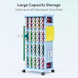 Craft Storage Cart with 60 Vinyl Roll Storage Organizer, Rolling Heat Press Table Stand with Wheels, Mobile Vinyl Roll Holder Rack for Blueprints Gift Wrap Craft Organizers