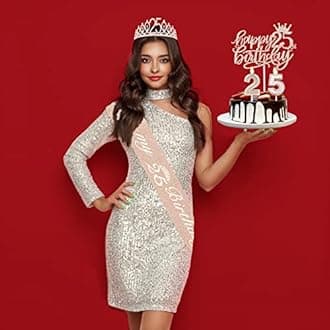 25th Birthday Decorations for Women Including Sash, Tiara/Crown, Numeral Candles and Cake Topper, 25th Birthday Gifts for Women, Rose Gold Party Favor Supplies