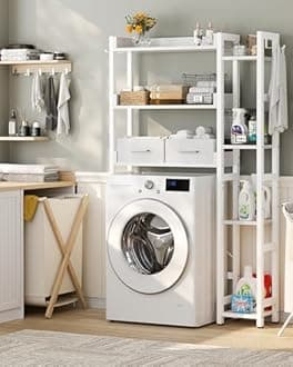 Over The Toilet Storage with 2 Drawers - 7 Tier Bathroom Organizer with Adjustable Shelf, Freestanding Space Saver Storage Rack Above Toilet Stand with 4 Hooks for Restroom, Laundry, White