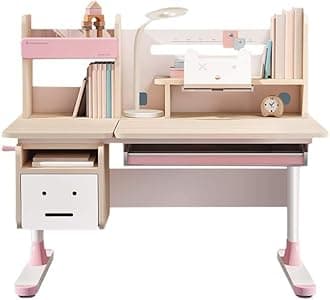 FCD Kids Study Desk, Adjustable Height Wood Children Desk Tiltable Desktop, Tablet Holder, Pull Out Storage Drawer with Shelves for Writing, Studying, Reading and Drawing