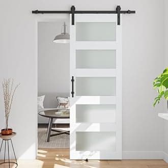 30インチ x 84インチ 5パネルガラスバーンドア 5フィートのスライドドアハードウェアキット&ハンドル付き ドリル穴付き 組み立て簡単 ソリッド木製スラブ&中質繊維板と防水PVC表面カバー ホワイト