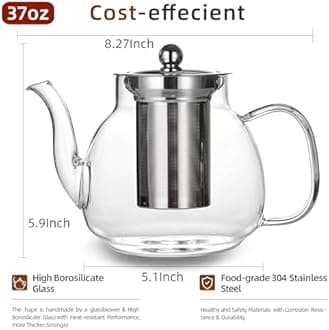 37oz/1100ml Glass Teapot with Removable Infuser, Stovetop & Microwave Safe Borosilicate Tea Kettle, Clear Flowering Tea Maker with 18/10 Stainless Steel Filter for Loose Leaf & Blooming Tea