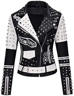 RISISSIDA Women Faux Leather Jacket Studded Rivet Spring Fall Fashion, Hip-Length Moto Biker Trendy Clothes Streetwear Belted