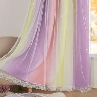 XiDi Pink Blackout Curtains for Bedroom Decor - Rainbow Unicorn Wall Decals for Girl's and Kids' Room - Purple and Yellow 34X72 Inch Long 1 Panel