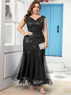 Miusol Women's Plus Size Sequins Lace Tulle Mermaid Hem V-Neck Sleeveless Formal Evening Party Maxi Dress