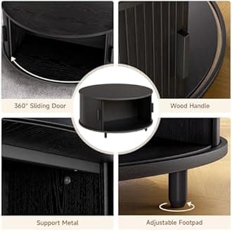 ONBRILL Round Coffee Table with Storage, 31.5" Modern Coffee Table with 360° Curved Sliding Door, Fluted Wood Accent Coffee Table with Adjustable Footpads, Round Center Table for Living Room, Black