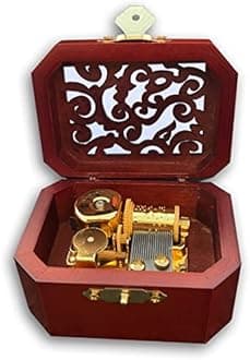 BinkeGG Play (Ten Little Indians) Brown Wooden Hollow Out Octagonal Music Box with Sankyo Musical Movement (65 Tunes Option)