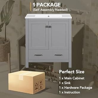 LUMISOL 30" Gray Bathroom Vanity with Sink, Solid Wood Bathroom Vanity with a Drawer and 2 Doors, Multifunctional Storage Racks, Freestanding Bathroom Storage Cabinet with Ceramic Sink, Grey
