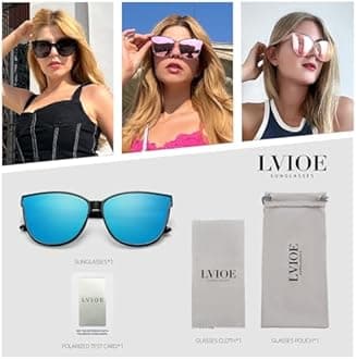 LVIOE Cat Eyes Mirrored Sunglasses for Women, Polarized Oversized Fashion Vintage Eyewear for Driving Fishing UV400 Protection (Black1, Blue)
