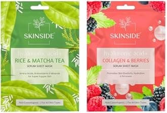 SkinSide Serum Sheet Mask for Glowing Skin with Hyaluronic Acid | Face Mask Sheets Combo for | Hydrating | Tan & Blackheads Removal | Instant Brightening | Pore Reduction | Fairness | Skin Tightening (2, Rice & Matcha Tea | Collagen & Berries)