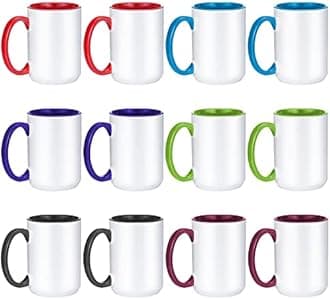 TANGLONG 12-Pack Assorted Color 15oz Sublimation Mugs Ceramic, Microwave, Dishwasher, Freezer & Oven Safe, Perfect for Home, Office, Gifts & Parties