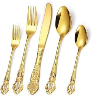 20 Pieces Gold Gorgeous Retro Silverware Set For 4, Flatware Set 18/0 Stainless Steel,Service for 4,Anti-rust Dark Utensils Fork Spoon Knife,Antique Baroque Style Cutlery Set,Dishwasher Safe
