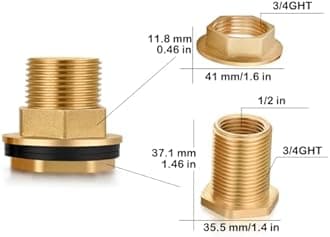 YELUN Brass Water Tank Connector Bulkhead Tank Fitting 1/2" Female 3/4" GHT Male Water Tank Connector with End Caps (2 Pack)