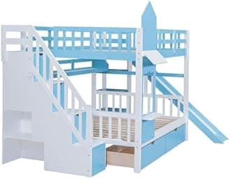 Full-Over-Full Bunk Bed, Castle Style Bunk Bed with 2 Drawers and 3 Shelves, Solid Wood Bunk Beds with Slide and Storage Staircase, Playhouse Low Bunk Bed for Kids Teens Boys Girls (Blue-O273)