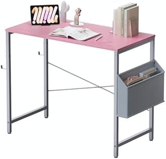 Pamray 32 Inch Computer Desk Small Spaces Desk with Storage Bag for Bedroom Writing and Home Office Work Small Study Desk Table Pink