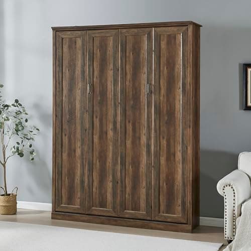 YOPTO Murphy Bed Cabinet Queen Size with Half Self-Close and Open,Hidden Folding Wall Bed Chest W/Metal Bed Frame & Legs,Wood Slats Support,Space-Saving for Bedroom,Guest Room,Home,Office,Brown