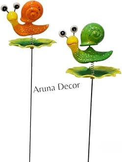 PVC & Metal Colourful Snail Set of 2 Garden Decoration Outdoor Sticks Lawn Decor, Garden Decor, Outdoor Decor Stick (Orange & Green Snail)