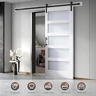 S&Z TOPHAND® 18 in x 84 in Double Glass MDF Barn Doors with 6.6FT Hardware Kit, 5 Tempered Frosted Glass, Slab Inside Covered with Water-Proof PVC Surface, Simple DIY Assembly