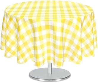 Mulbozy 2 Pcs Yellow Gingham Round Tablecloth, 84 inches Disposable Plastic Yellow and White Checkered Circle Table Covers for Baby Shower Wedding Bridal Shower Birthday Party Decorations