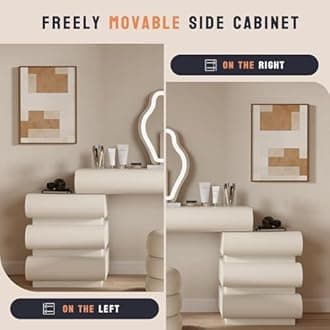 HIMAmonkey Makeup Vanity Desk with Mirror and Lights, Luxury Dressing Table with Free Retractable Side Cabinet, Microfibre Leather Wrapped Vanity Set with 5 Solid Wood Drawers, Stool-39.4in / White