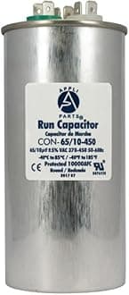 Appli Parts Dual Run Capacitor for ac 65+10 Mfd uF (microfarads) 370VAC or 450VAC CBB65 Round Universal fit for hvac and other applications 5-1/4 in High 2-1/4 in Wide CON-65/10-450