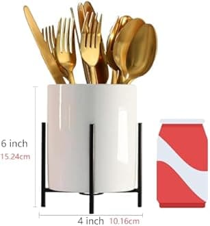 Cutlery holder,Flatware Organizer for kitchen and Dining Room,White Ceramic with Metal Stand Cutlery Racks(10 * 15cm)