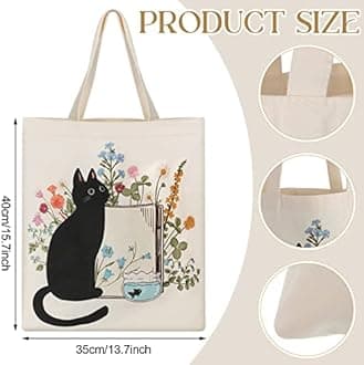 Oudain 4 Pcs Canvas Tote Bag for Women Floral Black Cat Canvas Tote Aesthetic Reusable Grocery Bags Cute Gifts for Cat Lover