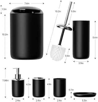 Fun Memories Bathroom Accessories Set 6 Piece Bath Ensemble Includes Toothbrush Holder, Soap Dispenser for Decorative Countertop and Housewarming Gift, Modern Black
